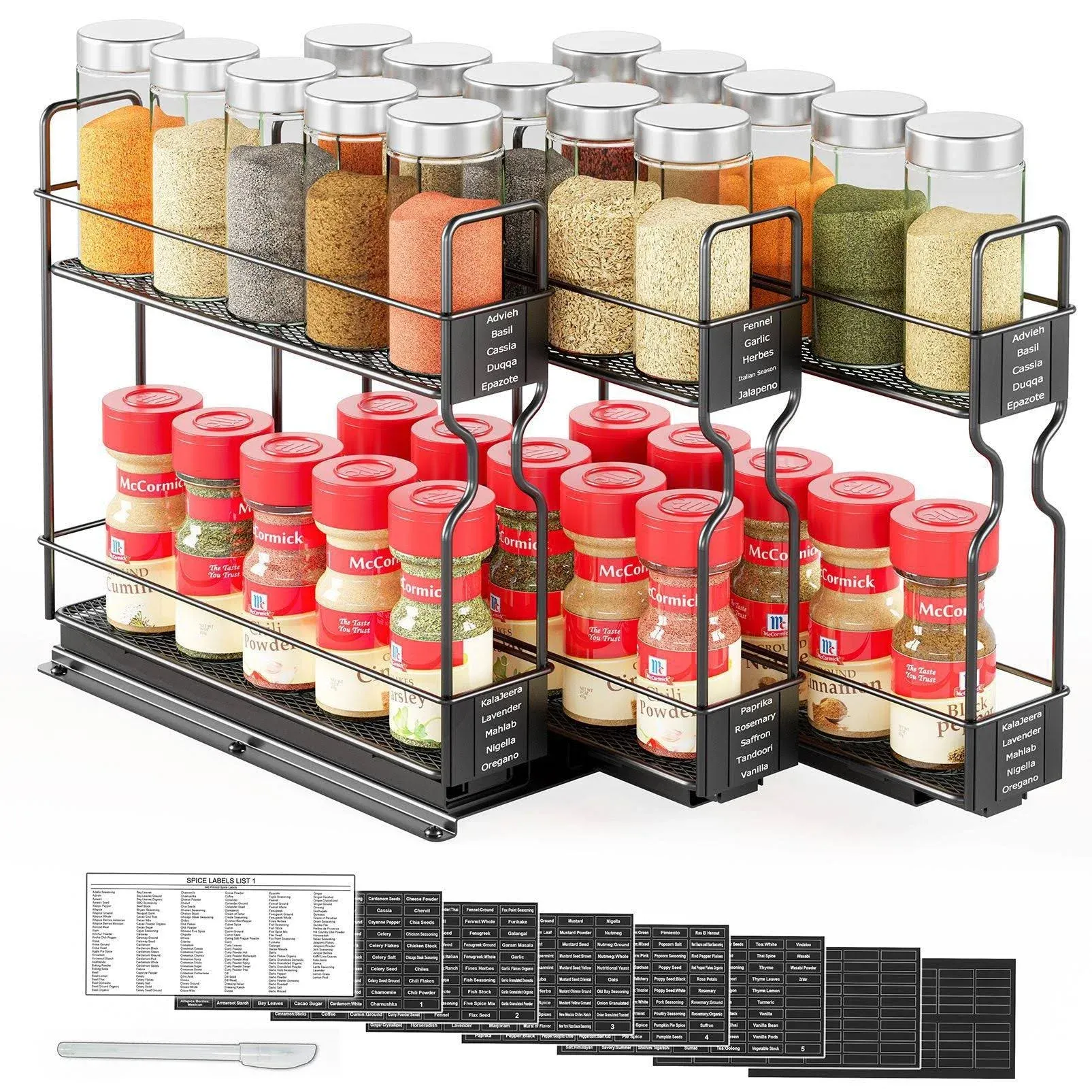 SpaceAid Pull Out Spice Rack Organizer for Cabinet, Heavy Duty Slide Out Seasoning Kitchen Organizer, Cabinet Organizer, 3 Drawers 2-Tier