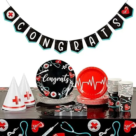 Sparkle and Bash Nurse Graduation Decorations and Party Supplies Set, Serves 24 and Includes Plates, Napkins, Cups, Tablecloths, Hats, and Congrats Banner