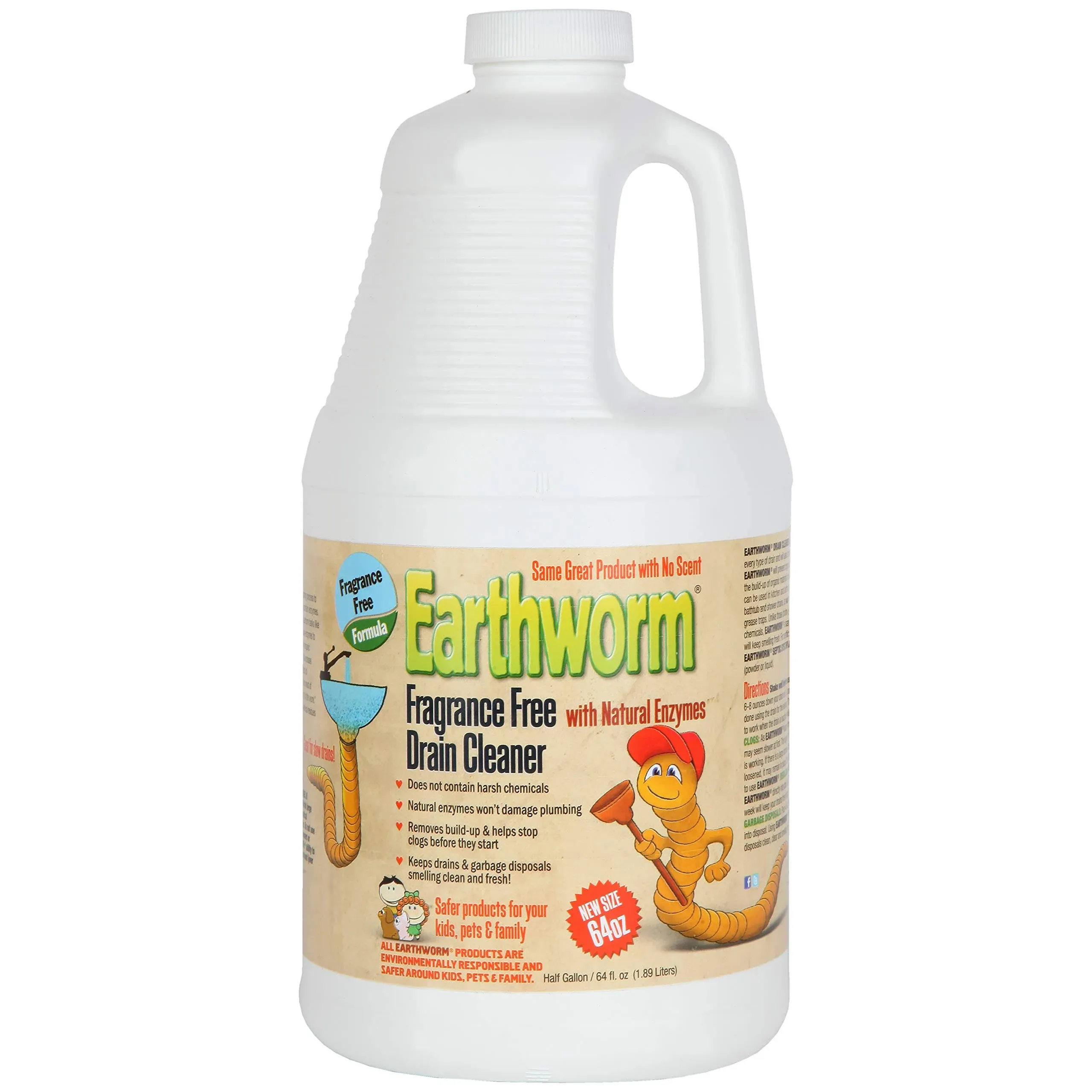 Earthworm Fragrance Free Drain Cleaner - Drain Opener - Natural Enzymes, Environmentally Responsible, Safer for Pets and Kids