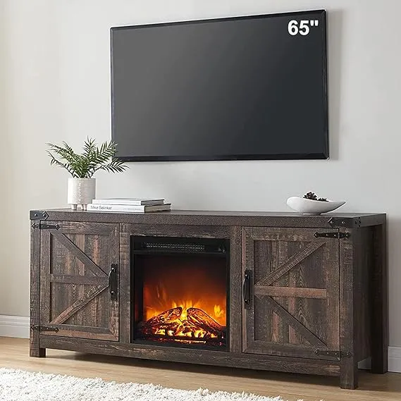 T4TREAM Fireplace TV Stand for 65 Inch TV, Farmhouse Barn Door Media Console, Entertainment Center with 18" Electric Fireplace Storage Cabinet Doors,for Living Room, 58 Inch, Antique White