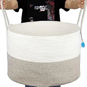 Casaphoria XXXLarge Cotton Rope Basket for Living Room - Woven Storage Basket with long Handle for Blankets, Towels and Pillows Laundry Hamper | Cream white and Brown (22" x 22" x 14")