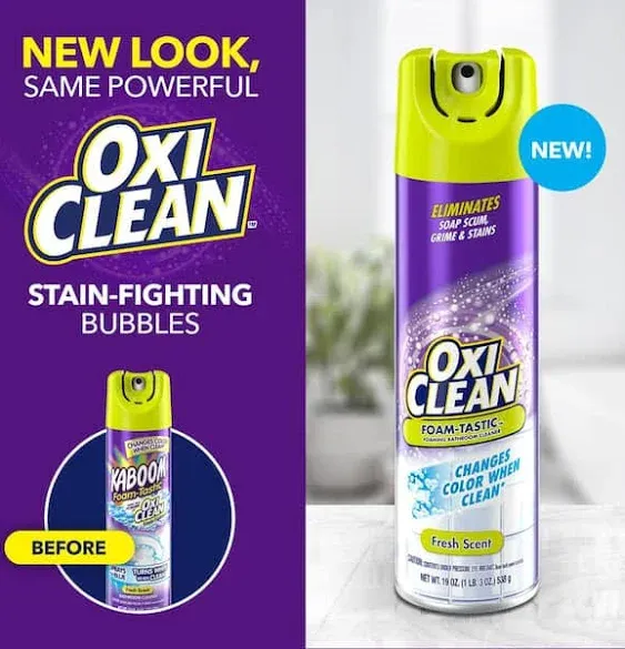 OxiClean Foam-Tastic Foaming Bathroom Cleaner Aerosol Spray, Changes Color When Clean, Eliminates Soap Scum, Grime & Stains, Lemon Citrus Scent, 19 oz (Pack of 4)