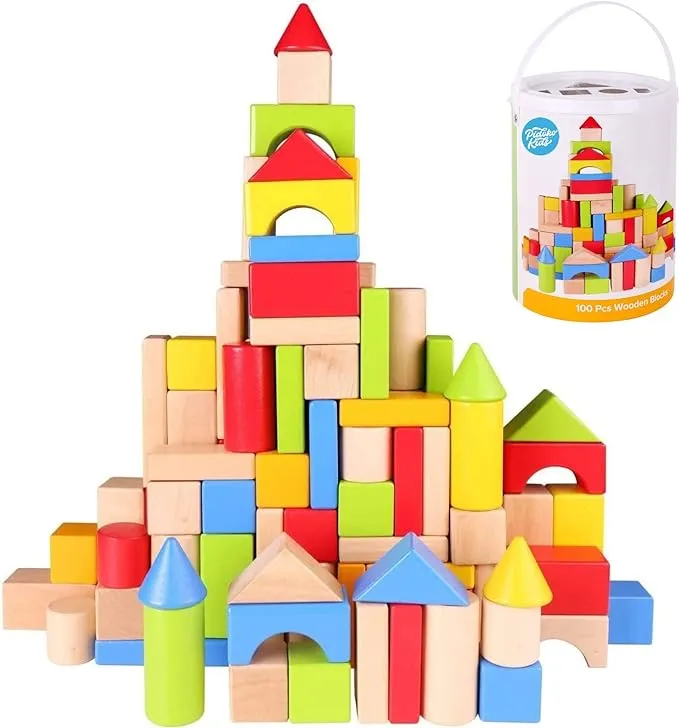 Pidoko Kids Wooden Blocks - 100 Pcs - Building Blocks for Toddlers - Includes Storage Container with Shape Sorter Lid - Natural Beech Wood Blocks -