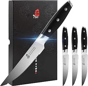 TUO Serrated Steak Knife - 5 inch Professional Kitchen Steak Knife Set 4 - Table Dinner Knife - German HC Stainless Steel Non Slip Pakkawood Handle - BLACK HAWK SERIES Including Gift Box