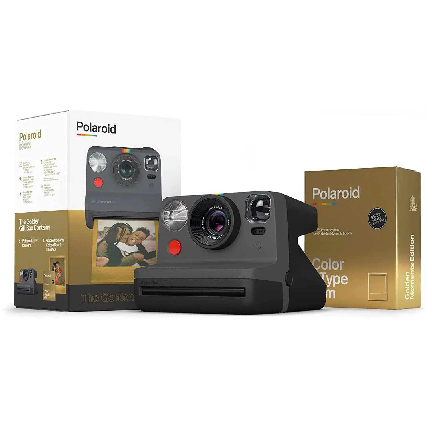 Polaroid Now Black I-Type Instant Camera - Golden Gift Box Camera + Film Bundle (6151)