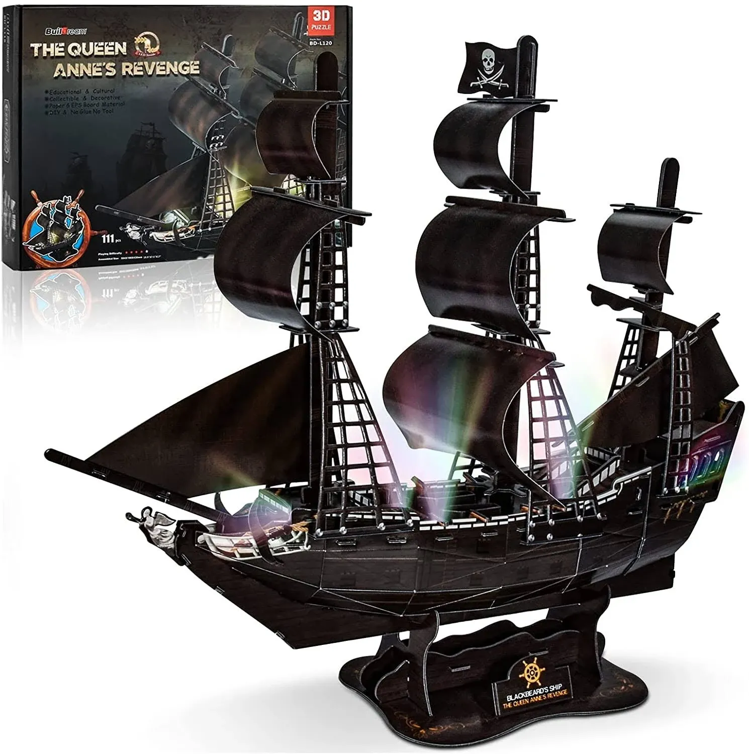 Hicfen 3D Puzzles for Adults Pirate Ship Large Queen Anne’s Revenge Nautical LED ...