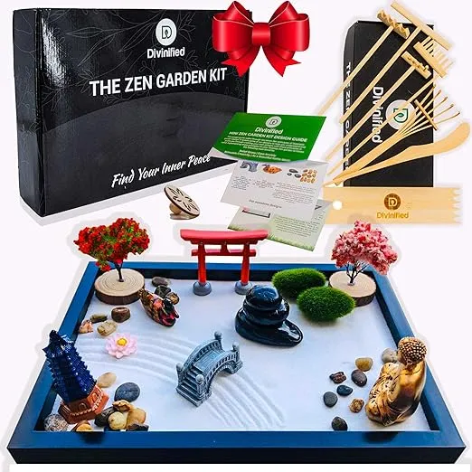 Mini Zen Garden for Desk 11x8In Black Tray. Premium 24 Piece Set with 8 Zen Rakes. Home, Office Sand Tray Therapy Kit for Meditation Table. Cute Zen Garden Décor, Buddha Japanese Garden Accessories