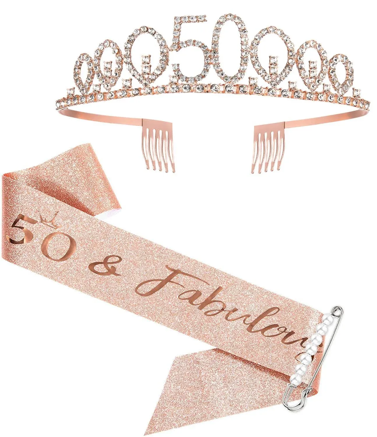 50th Birthday Sash and Tiara for Women, Rose Gold Birthday Sash Crown 50 ...