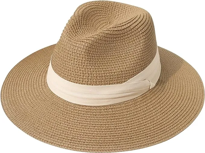 Lanzom Women Wide Brim Straw Panama Roll Up Hat Fedora Beach Sun Hat Upf50+ (Beige)