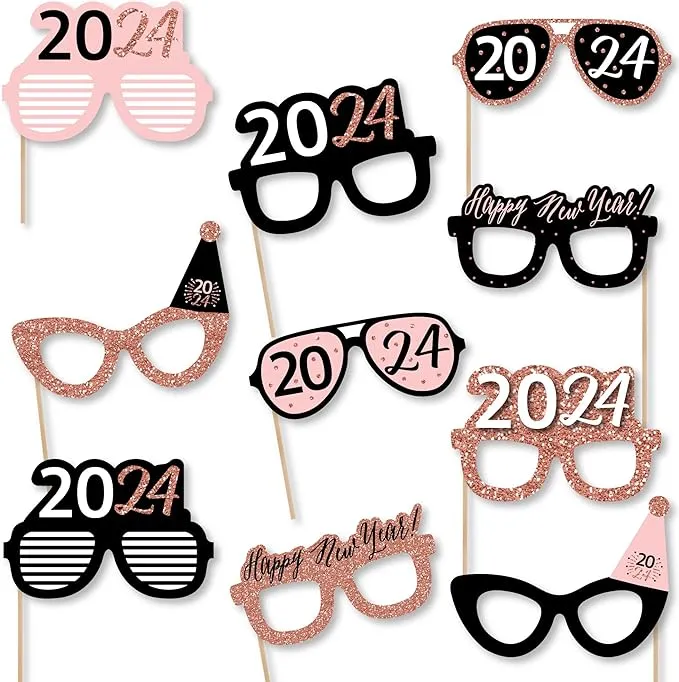 Rose Gold Happy New Year Glasses - Paper Card Stock 2025 New Year’s Eve Party Photo Booth Props Kit - 10 Count