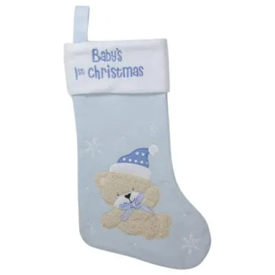 Northlight 19" Blue And White Baby's 1St Christmas Embroidered Teddy Bear Christmas Stocking