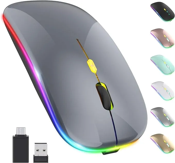 Okimo 【Upgrade】 LED Wireless Mouse, Rechargeable Slim Silent Mouse 2.4G Portable Mobile Optical Office Mouse with USB & Type-C Receiver, 3 Adjustable