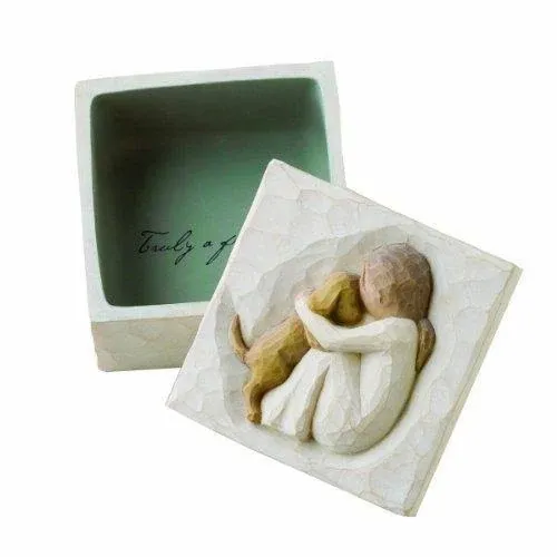 Willow Tree True, Truly a friend, Box for Jewelry and Treasures with Bas-Relief Carving of Girl with Puppy Dog, Sculpted Hand-Painted Keepsake Box