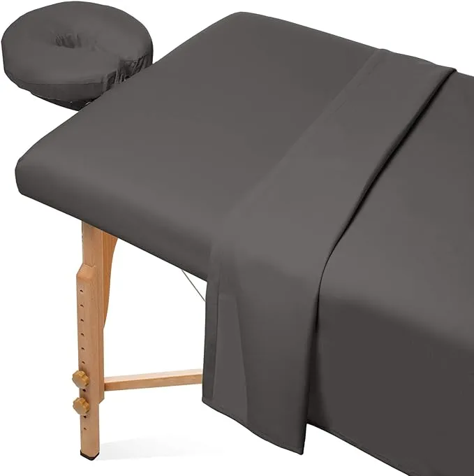 Saloniture 3-Piece Microfiber Massage Table Sheet Set - Premium Facial Bed Cover - Includes Flat and Fitted Sheets with Face Cradle Cover - Gray