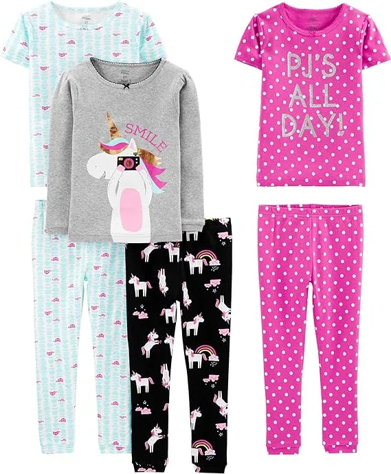 Simple Joys by Carter's Girls' 6-Piece Snug-Fit Cotton Pajama Set, Green Strawberries/Pink Flamingo/Rose Llama Print/NavySimple Joys by Carter's Girls' 6-Piece Snug-Fit Cotton Pajama Set, Green Strawberries/Pink Flamingo/Rose Llama Print/Navy