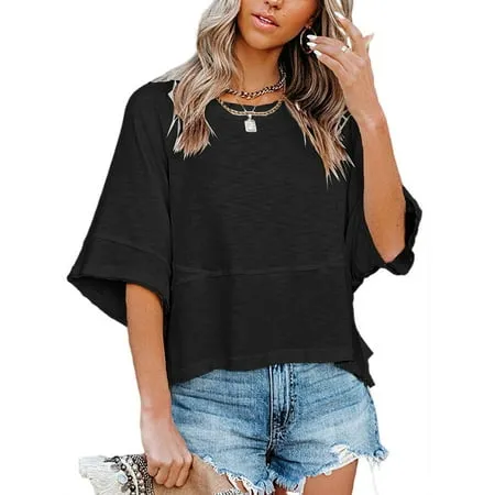 Women s Summer Casual Crewneck 3/4 Sleeve T-Shirts Solid Color Loose Fit Cute Basic Tops Tees Blouses