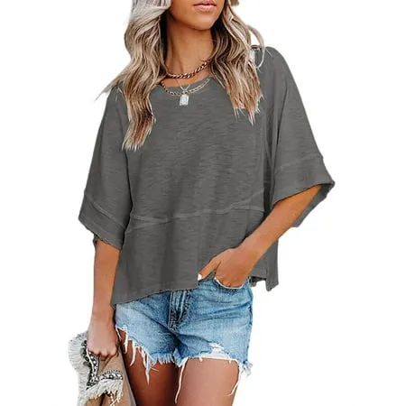 Women s Summer Casual Crewneck 3/4 Sleeve T-Shirts Solid Color Loose Fit Cute Basic Tops Tees Blouses