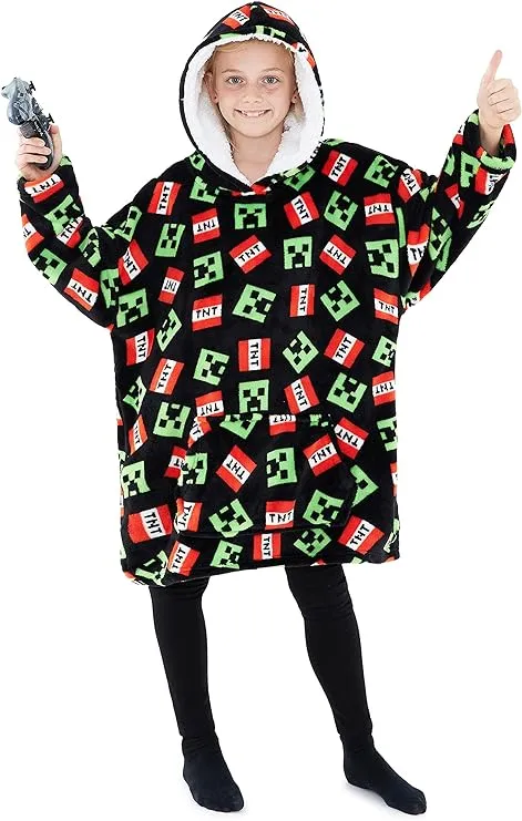 Minecraft Fleece Hoodie Blanket for Kids and Teenagers One Size Kids Fleece Poncho with Sherpa-Lined Hood Gifts for Gamers