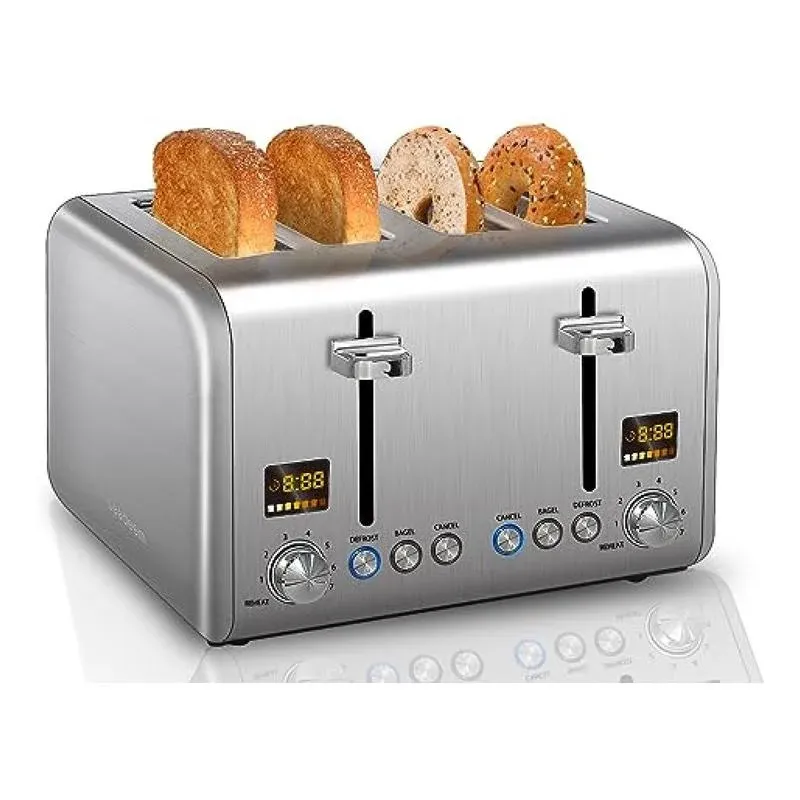 SEEDEEM 4 Slice Toaster, Stainless Bread Toaster Color LCD Display, 7 Bread Shade Settings, 1.5'' Wide Slots Toaster with Bagel/Defrost/Reheat Functions, Removable Crumb Tray, Silver Metallic, 1800W