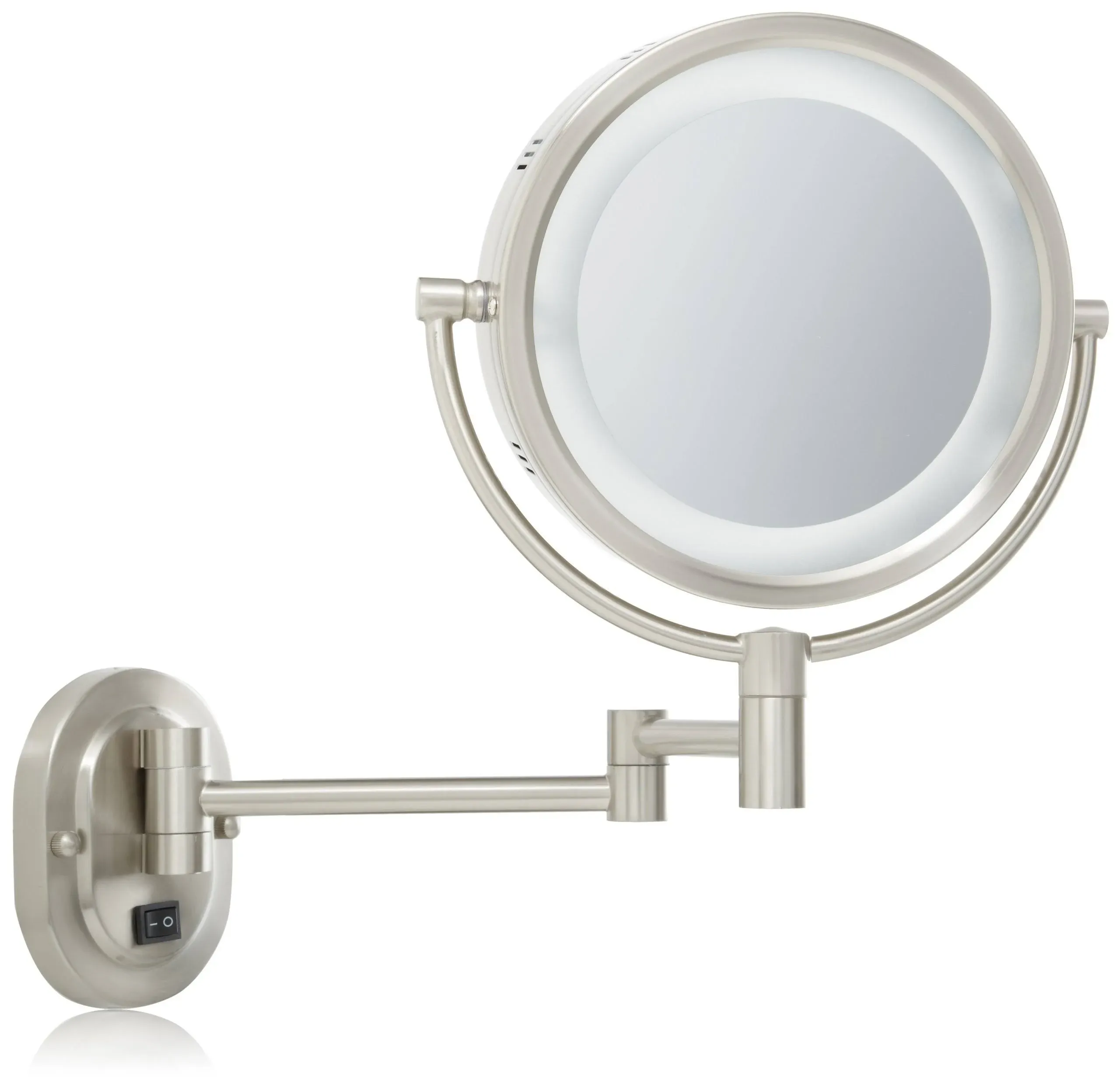 JERDON Wall-Mounted Nickel Makeup Mirror with LED Lighting – 5X-1X Magnification & 14” Extension - Direct Wire - Model HL65ND