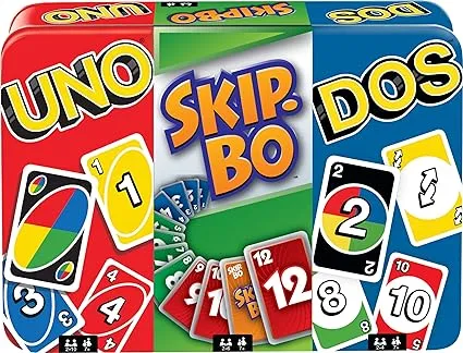 Mattel Games Set of 3 Card Games with UNO, DOS Second Edition & Skip-Bo in Storage Tin Box for Family Nights, Parties, Travel, Camping & More