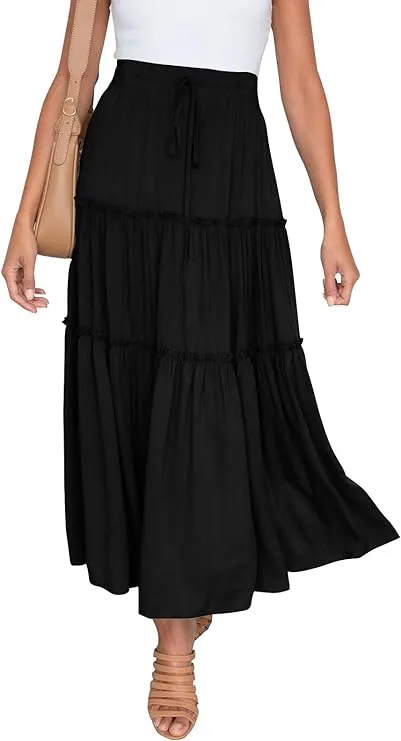 HAEOF Women's Flowy Boho Maxi Skirt Elastic High Waist A Line Pleated Tiered Summer Casual Beach Long Skirts with Pockets