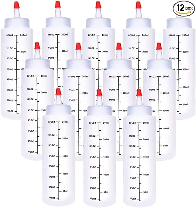 12 Pack 8 oz/240 ml Plastic Squeeze Bottles,Scale Plastic Squirt Bottle,Polyethylene Durable Plastic with Red Tip Cap and Black Scale for Ketchup,Sauces,Syrup,Dressings,BBQ,Crafts and More