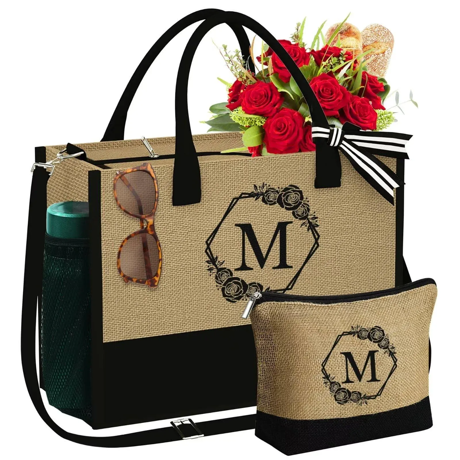 YOOLIFE Gifts for Women - Mothers Day Gifts, Graduation Gifts, Teacher Appreciation Gifts, Initial Jute Tote Bag & Makeup Bag