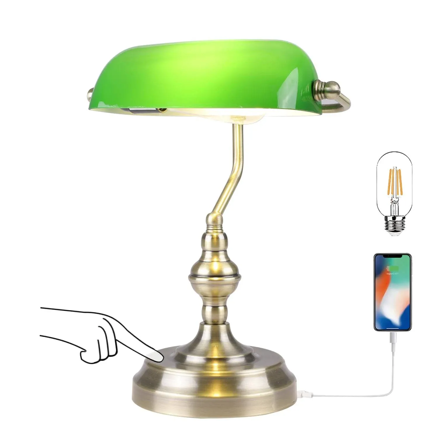 Bankers Lamp Touch Control, Traditional Desk Lamp with USB Charging Port 3 Way D