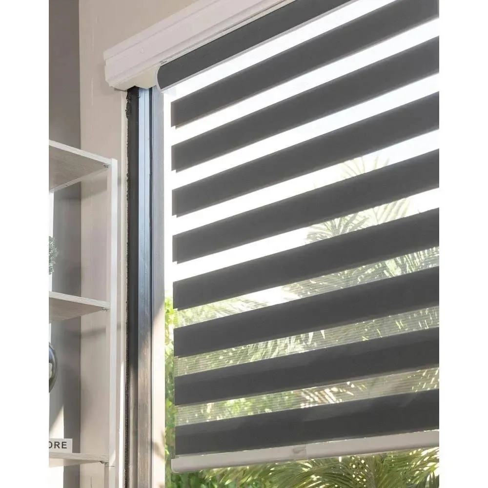 Basic Slate Cordless Cut-to-Width Light Filtering Dual Layer Zebra Roller Shade 32 in. W x 72 in. L