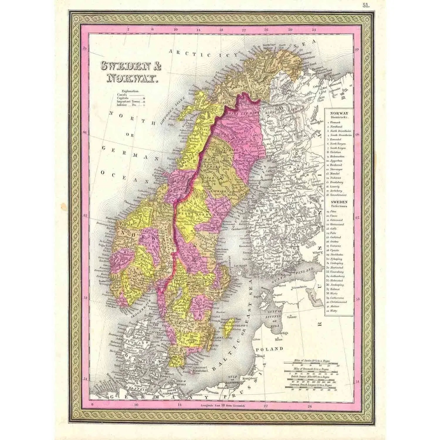 87196 1850 MITCHELL MAP SWEDEN AND NORWAY VINTAGE Decor Wall Print Poster