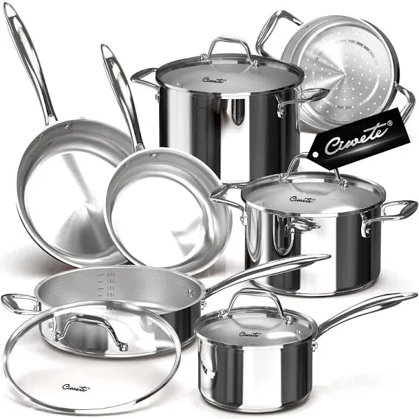 Ciwete Tri-Ply Stainless Steel Pots and Pans Set 11-Pc, 18/10 Stainless Steel ...