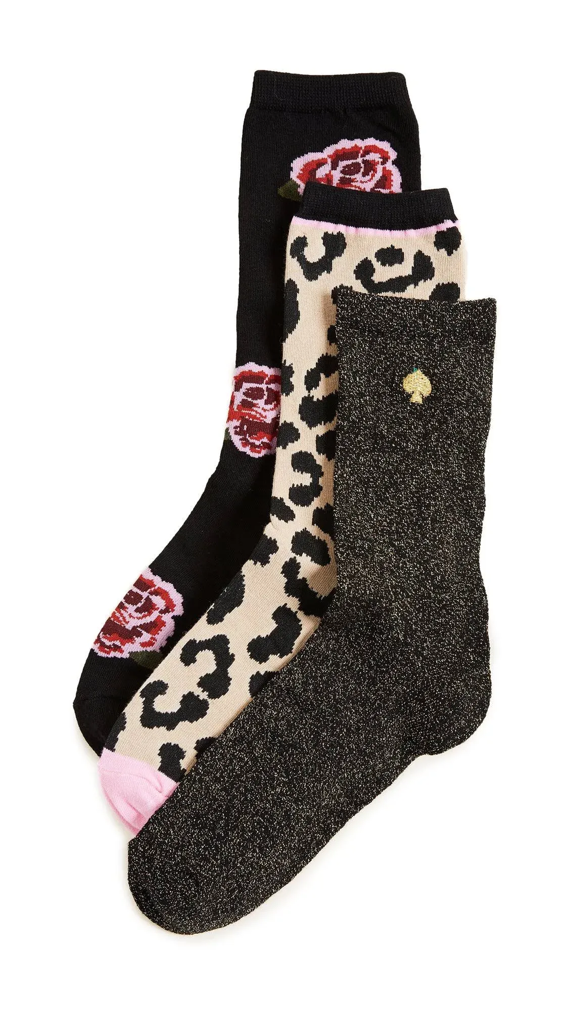 kate spade new york 3-Pack Boxed Rose Leopard Crew Socks Black One Size