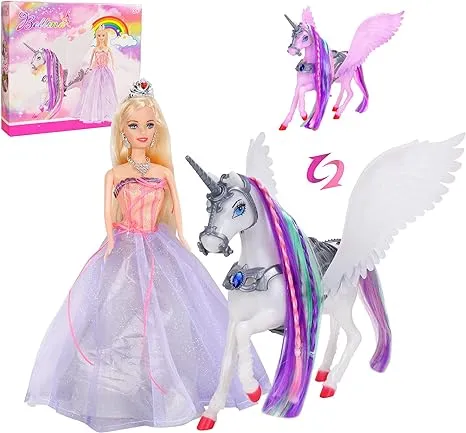 BETTINA Color Changing Unicorn & Princess Doll, Color Change on Whole Unicorn Under Sunshine, 11.5'' Princess Doll Toy, Unicorn Toys with Removable Saddle&Wings