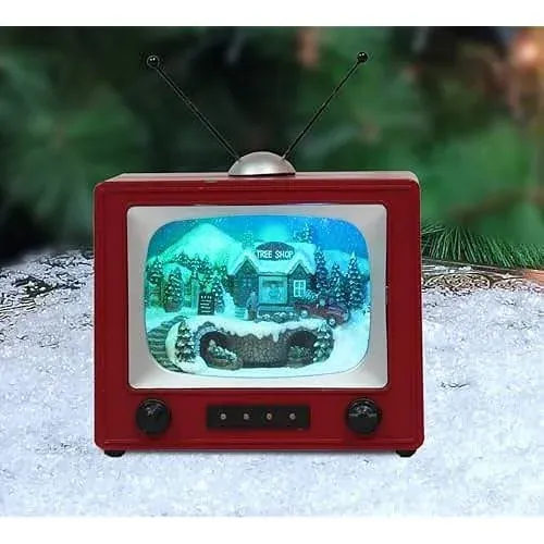 MOMENTS IN TIME 6" H Red Retro TV with Mountain Scene (Animated Train) - LED Lights - 8 Classic Carols Christmas Music - Battery Operated - Hand-Painted Resin Polyresin Injection Plastic