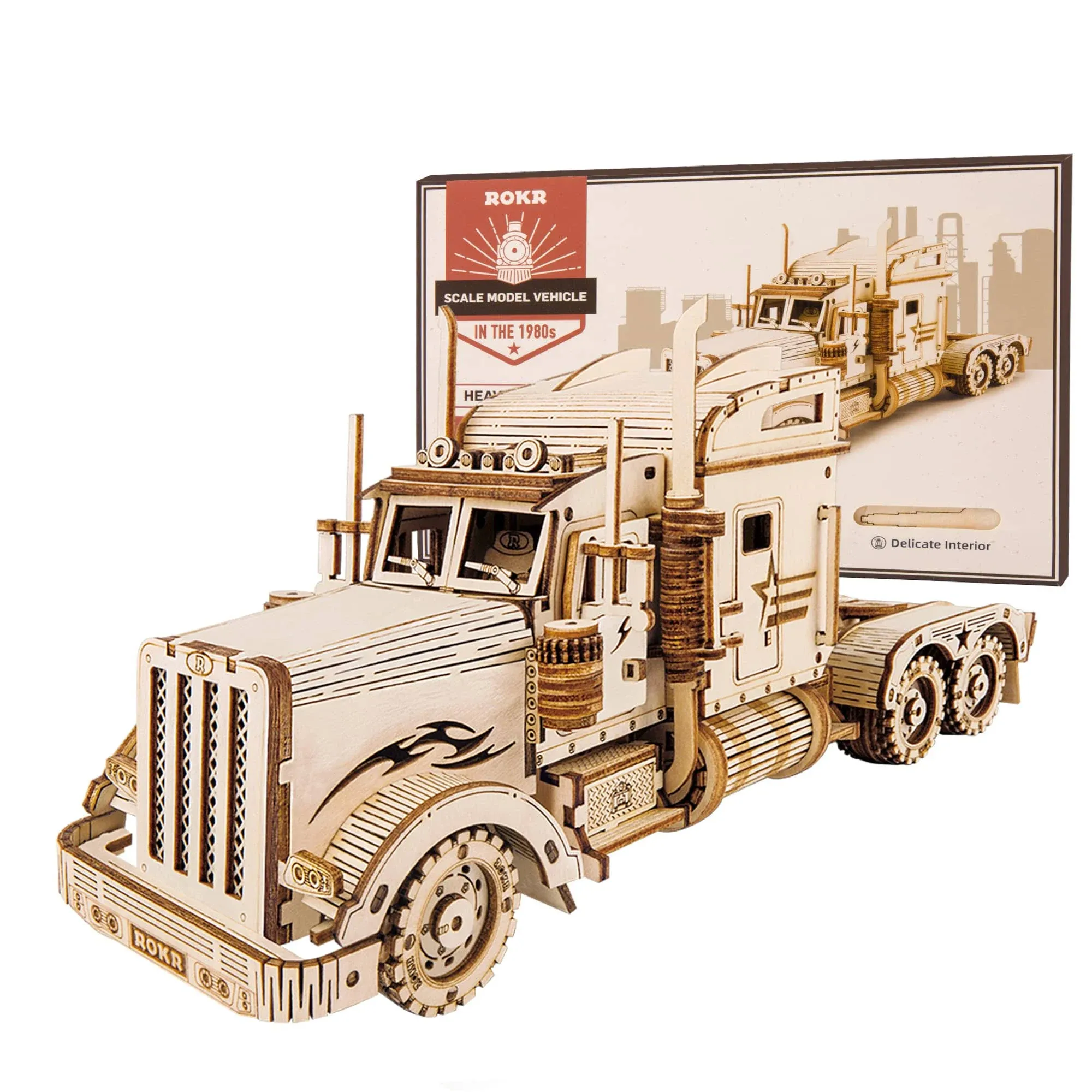 ROKR Heavy Semi Truck Model Car Kits Wooden 3D Puzzle Building Kids Gift Toy NOS