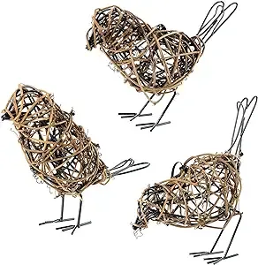 Set of 3 Handmade Bird Statue Home Decor,Metal Bird Figurine Rustic Table Decor, Christmas Ornament, Hanging Metal Bird Decor Woven with Brown Natural Rattan for Home Decoration Memo Holder