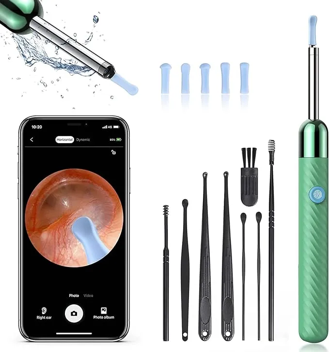 Ear Wax Removal Tool Camera Otoscope with Light, Ear Wax Removal Kit with 6 Ear Pick, Ear Camera- Green