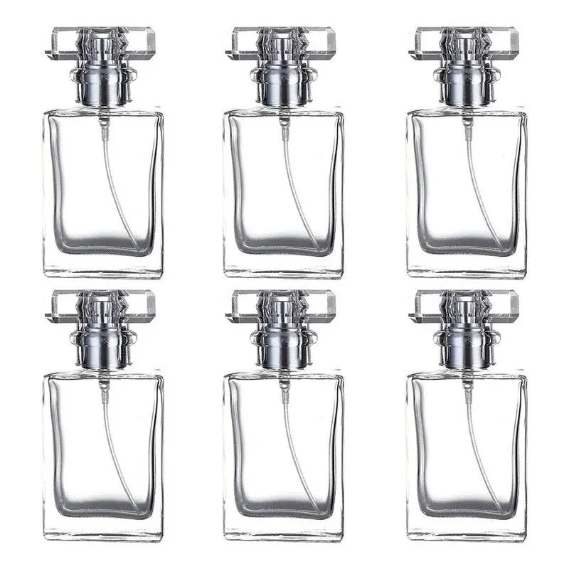 6 Pack 30ml / 1 Oz Transparent Refillable Perfume Bottle, Portable Square Empty Glass Perfume Atomizer Bottle Spray Applicator with 4 kinds of perfume dispenser(6 Pack 30ml / 1.01 oz. Transparent