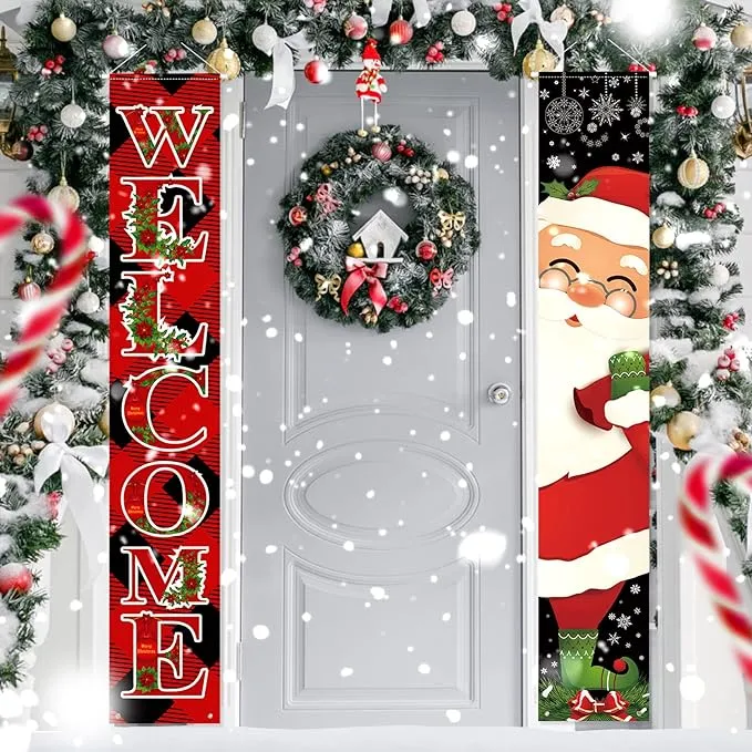 Christmas Santa Claus Welcome Door Banner Decorations Welcome Christmas Front...