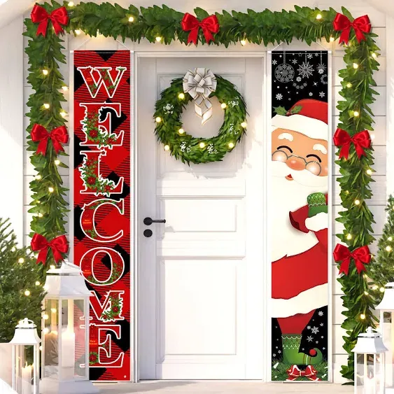 Christmas Santa Claus Welcome Door Banner Decorations Welcome Christmas Front...