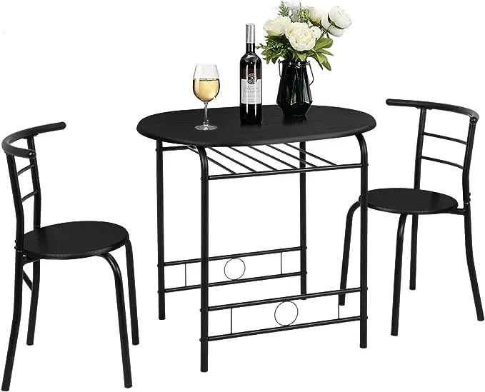 VINGLI 3 Piece Dining Set,Small Kitchen Table Set for 2,Breakfast Table Set for 2,Kitchen Wooden Table and 2 Chairs for Small Space/Dining Room/Apartment,Metal Frame,Wine Rack,Black&Walnut