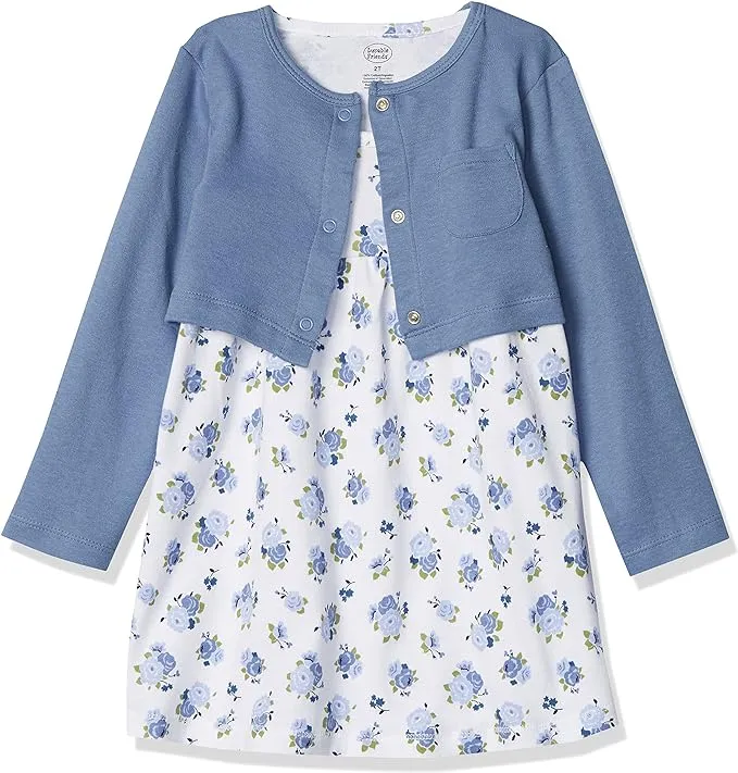 Luvable Friends Dress and Cardigan Set, Blue Floral