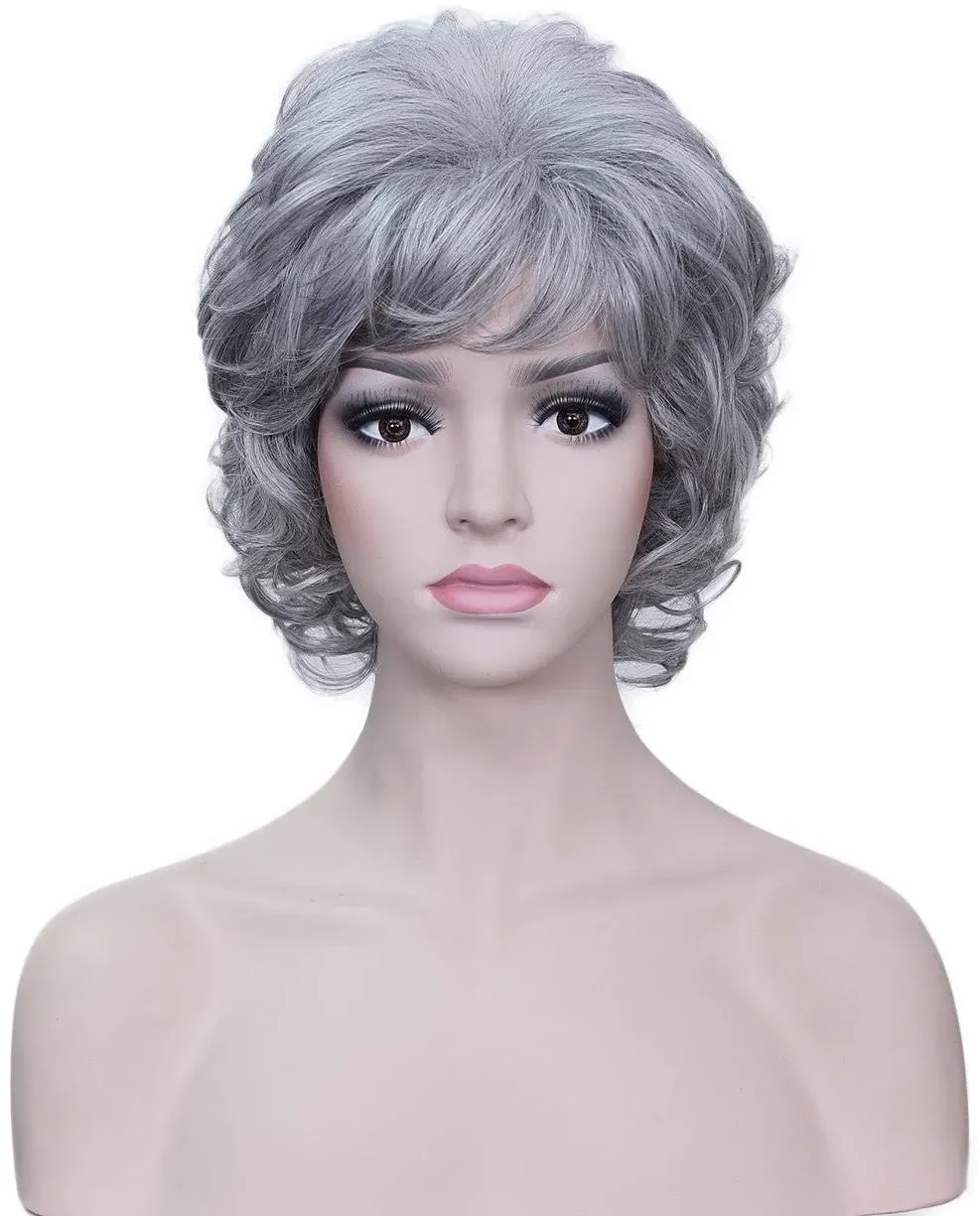 Old Lady Short Messy Curly Wig with Sunglasses & Glasses Chain and Necklace and Earrings and Barclet Sets for Women cosplay Daily Use Halloween Party(Silver White)