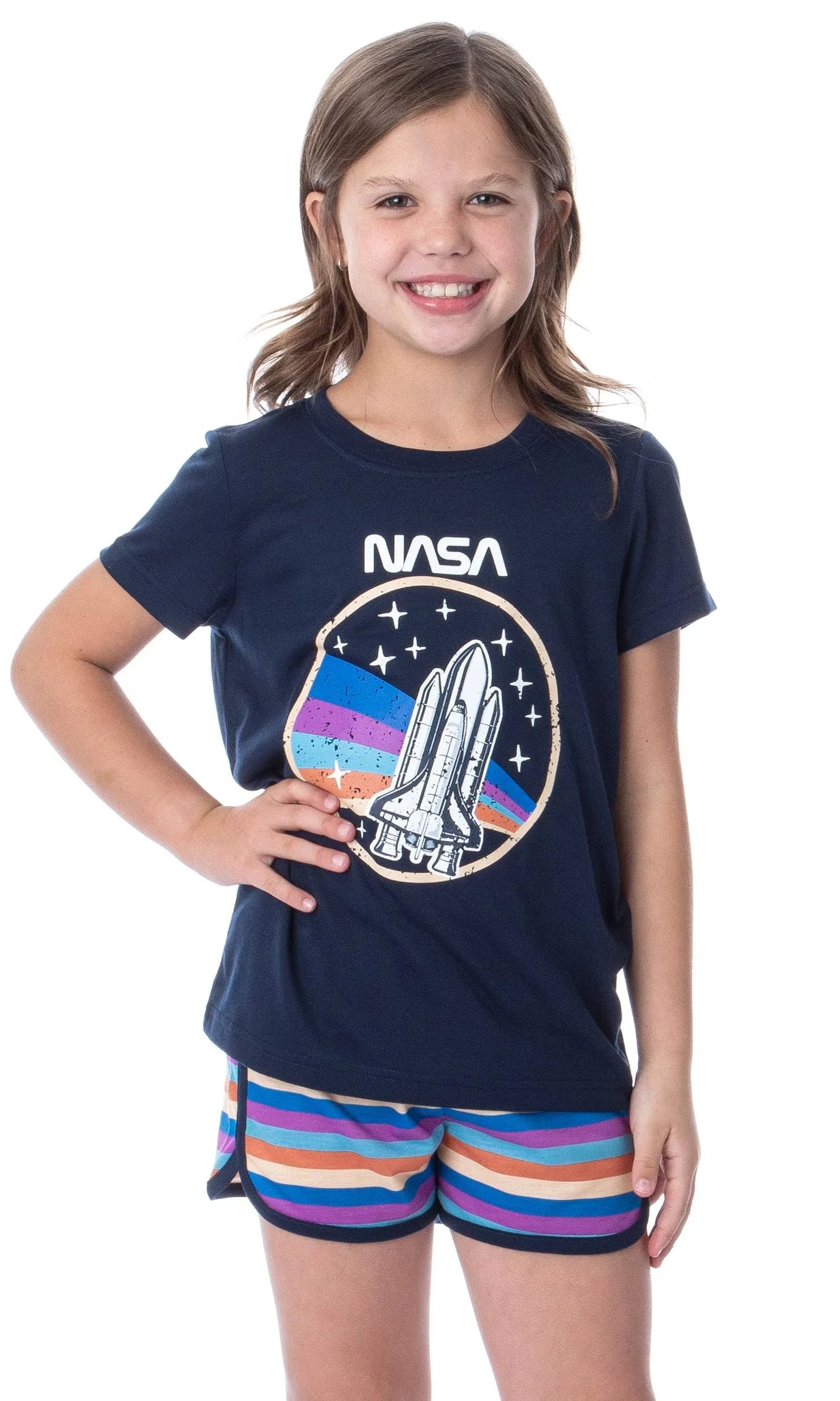 Nasa Girls' Retro Stripes Rocket Sleep Pajama Set Shorts Crewneck (10/12)