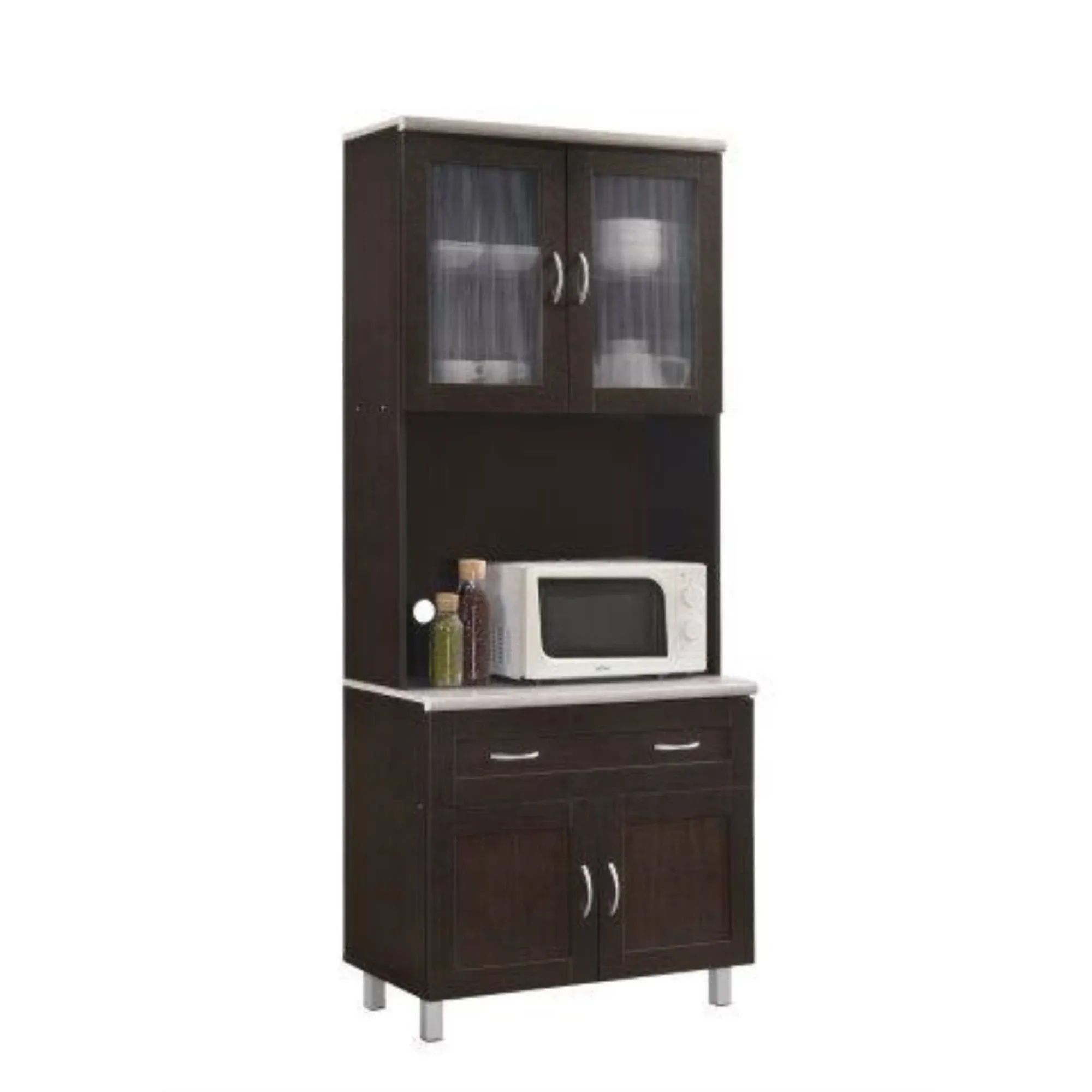 Hodedah Kitchen Cabinet Top and Bottom Enclosed Cabinet Space in Chocolate Wood