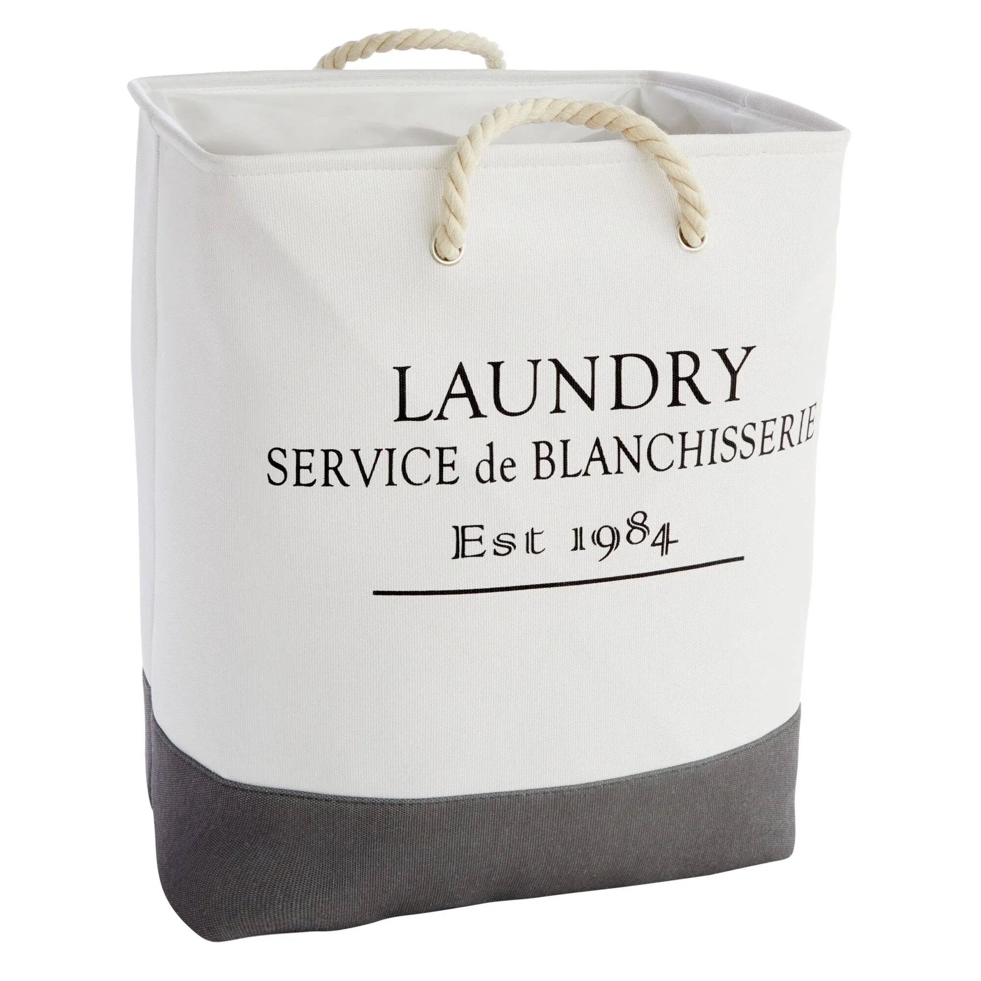 Canvas Laundry Basket with Handles for Bathroom, Bedroom (White and Gray, 60 L Capacity, 12x16x19.2 In)