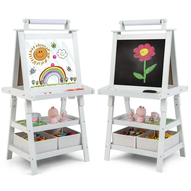 Costway Kids Art Easel Double Sided Chalkboard Magnetic Whiteboard with Storage Tray White