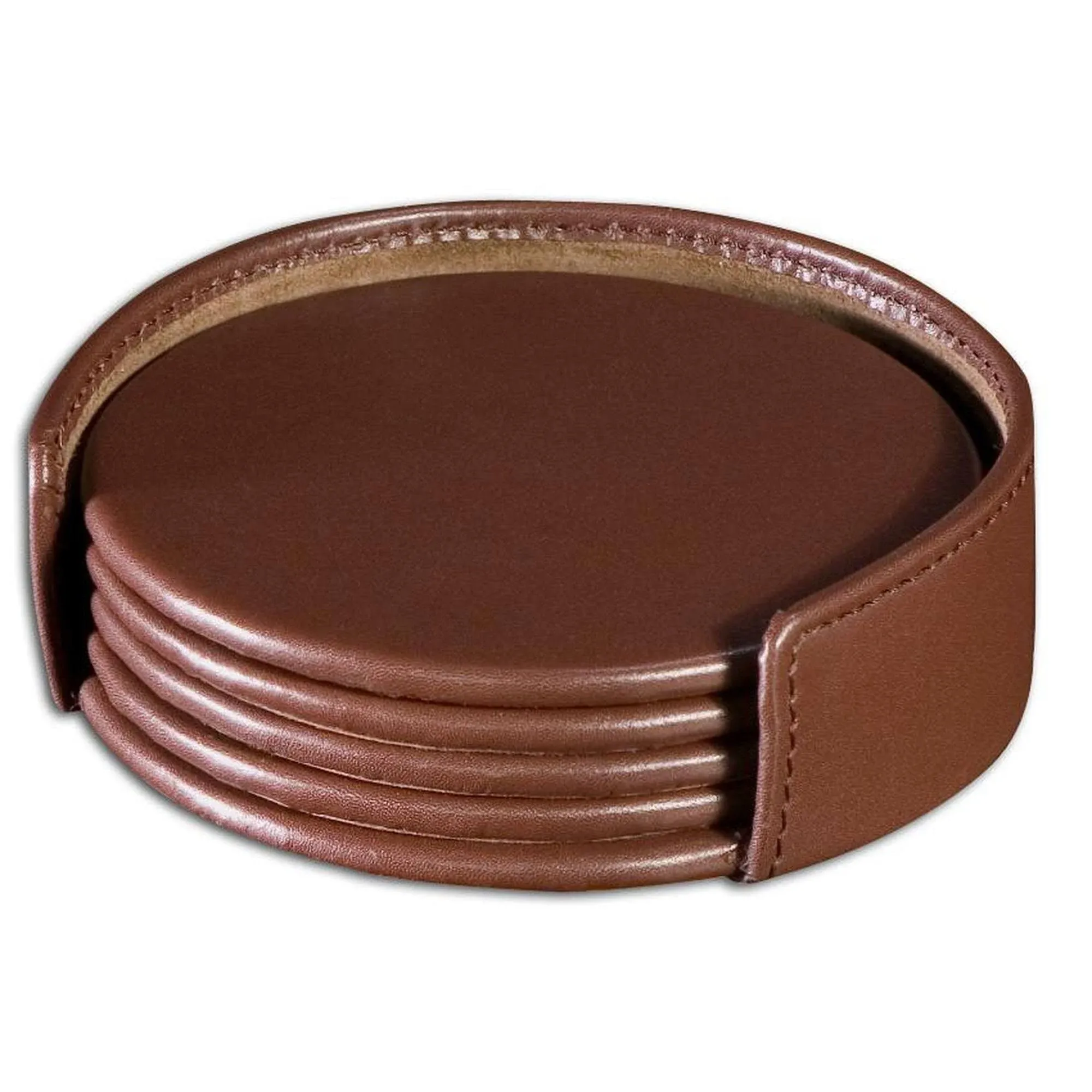 Dacasso Leather 4 Round Coaster Set with Holder, Brown