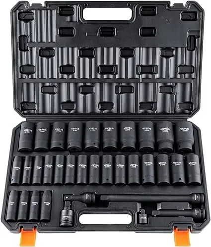 VEVOR 1/2" Drive Deep Impact Socket Set, 34pcs Socket Set Metric （8-36mm） 6 Point Cr-MO Alloy Steel for Auto Repair, Rugged Construction, Includes Heavy Duty Storage Case